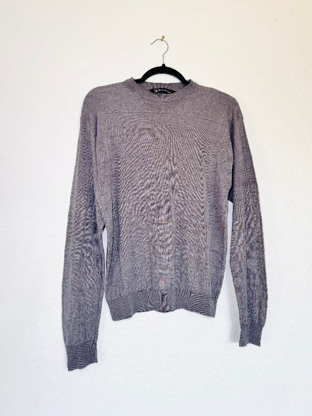 Bachrach Sweater Men’s L 100% Silk Gray Textured Crewneck Grid Minimalist Preppy